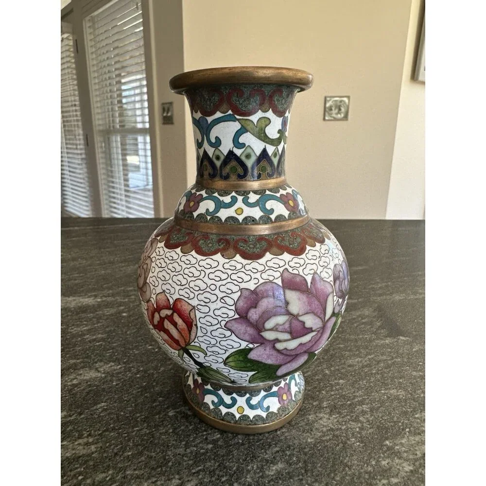 Chinese Cloisonné Vase 6” Height Porcelain Enamel Floral Butterfly Colorful